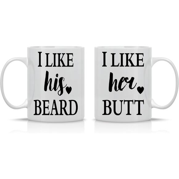 AW Fashions Couples Mug Set I Like His Beard I Like Her Butt Funny Gift 11oz New - Picture 1 of 5